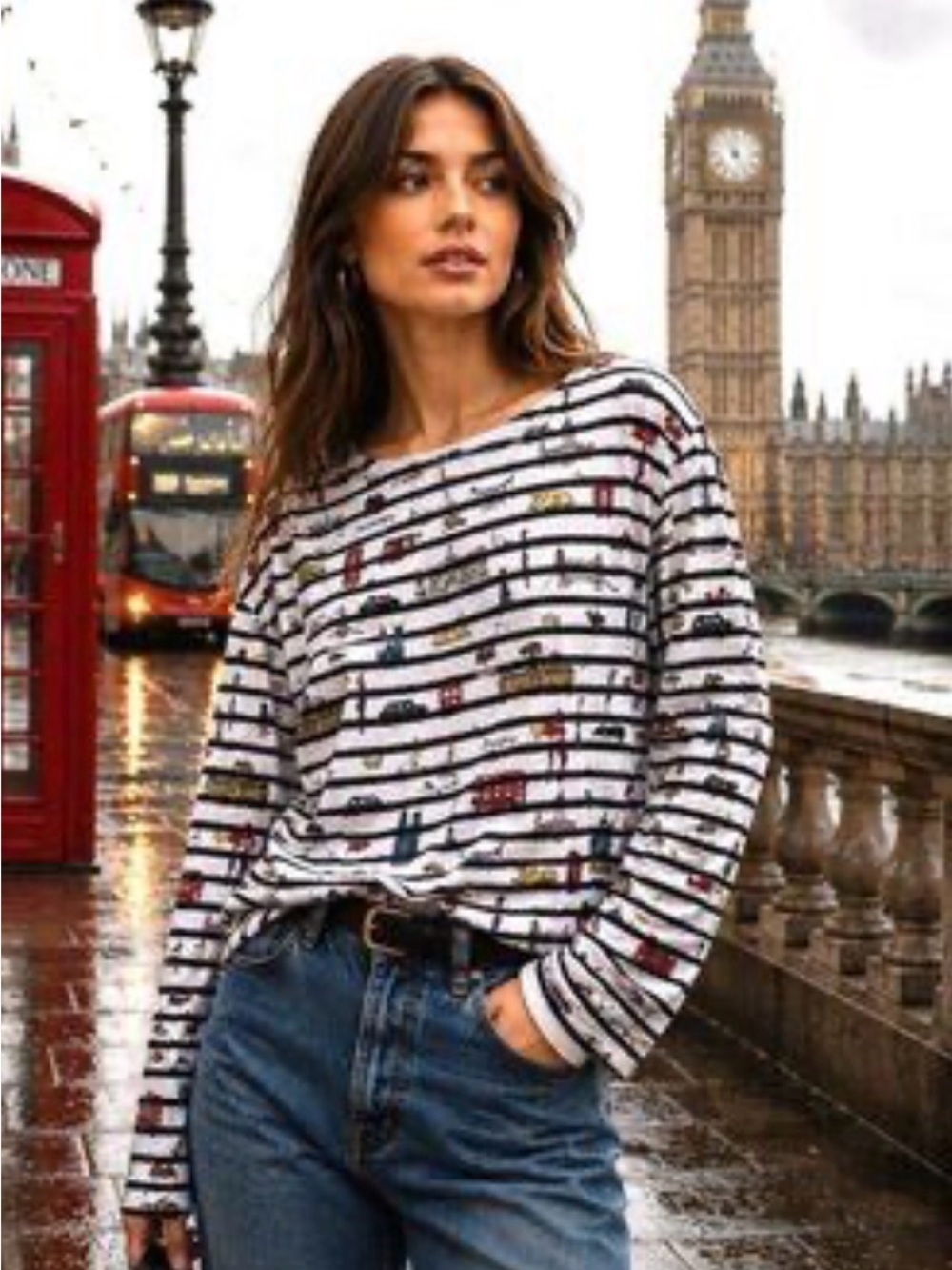 Boden Long Sleeve Cotton Stripe London Icon Theme Tee Size 10